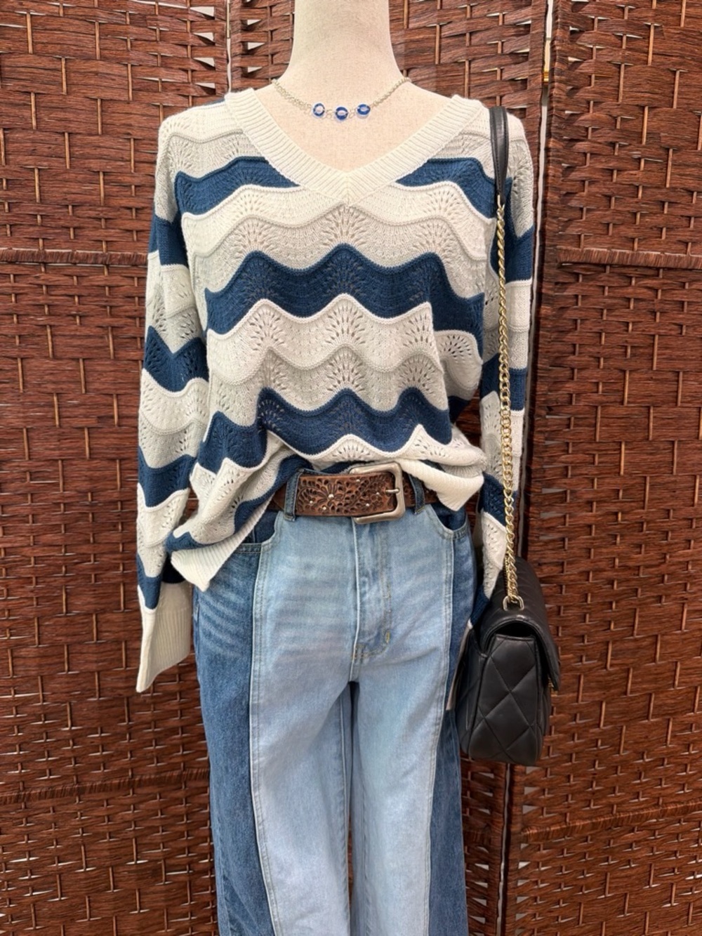 Ivory & Navy Wave Knit V-Neck Sweater